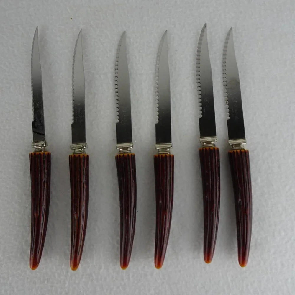 6 REGENT SHEFFIELD Steak Knives Stainless Blade Faux Antler Handle Original Box